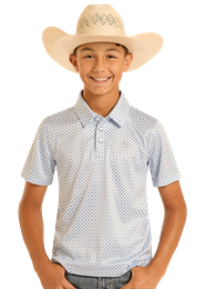 Panhandle Slim Boys Blue Diamond Print Short Sleeve Pearl Snap Polo Shirt
