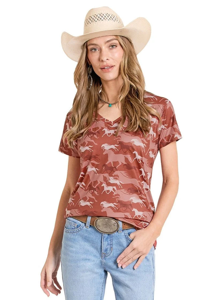 PANHANDLE SLIM WOMEN'S RUST HORSE PRINT Performance Short Sleeve Tee Shirt