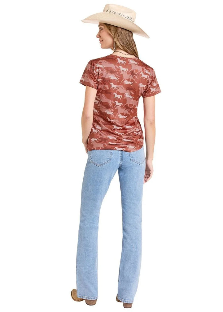 PANHANDLE SLIM WOMEN'S RUST HORSE PRINT Performance Short Sleeve Tee Shirt
