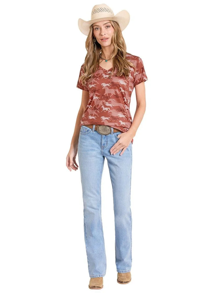 PANHANDLE SLIM WOMEN'S RUST HORSE PRINT Performance Short Sleeve Tee Shirt