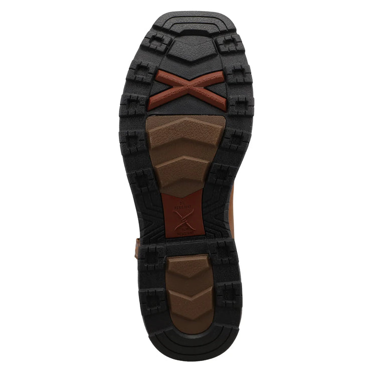 Close-up of the Twisted X 11" UltraLite X™ Men’s Work Boot sole, focusing on the EH-rated rubber outsole for slip resistance and enhanced durability.