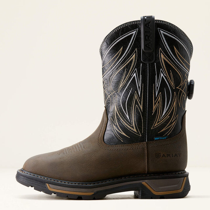 Side profile of Ariat Big Rig BOA Men’s Work Boot showing durable waterproof leather and BOA Fit System.