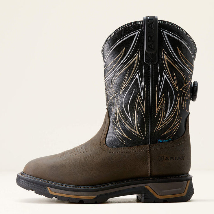 Side profile of Ariat Big Rig BOA Men’s Work Boot showing durable waterproof leather and BOA Fit System.