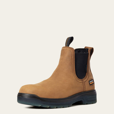 Front view of ARIAT Men’s Turbo Chelsea Work Boots with soft toe and round toe design – durable men’s work boots from The Cowboy Shop.