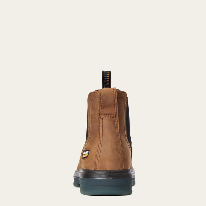 Back heel view of ARIAT Turbo Chelsea Work Boots with ATS technology for stability and ergonomic support – perfect men’s work boots.