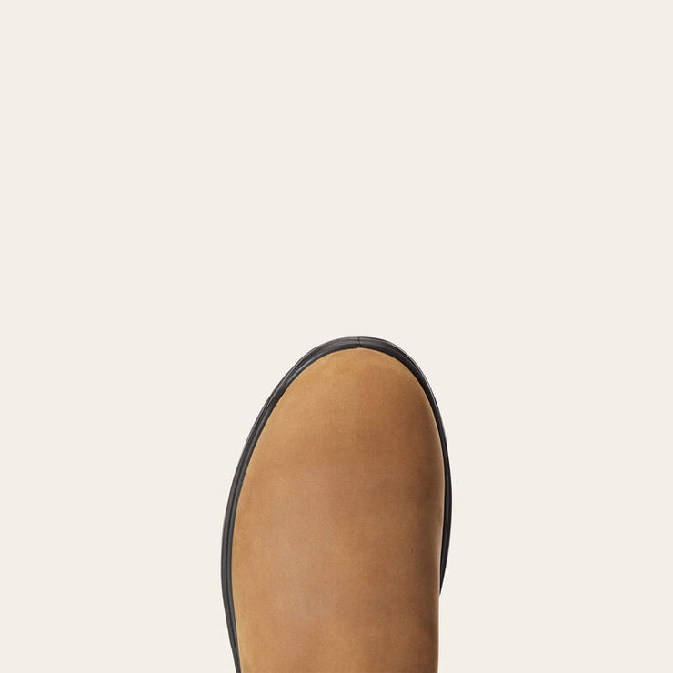 Top view of ARIAT Turbo Chelsea Soft Toe Work Boots showing round toe design for comfort and traditional western style.