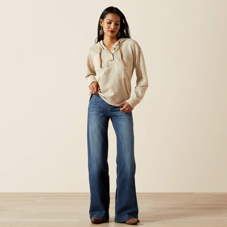 Model wearing Ariat Ottoman Women’s Western Hoodie styled with jeans