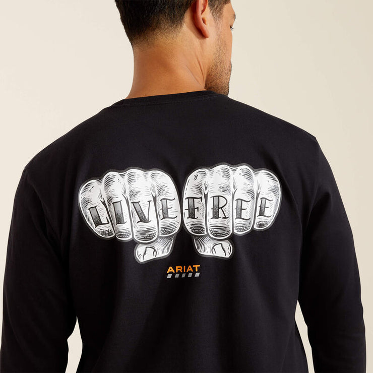 Close-up of Ariat Bare Knuckle graphic logo on Rebar Cotton Strong Men’s Work T-Shirt