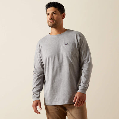 Front view of Ariat Rebar Cotton Strong Standard Pocket Men’s T-Shirt in Grey with logo above pocket