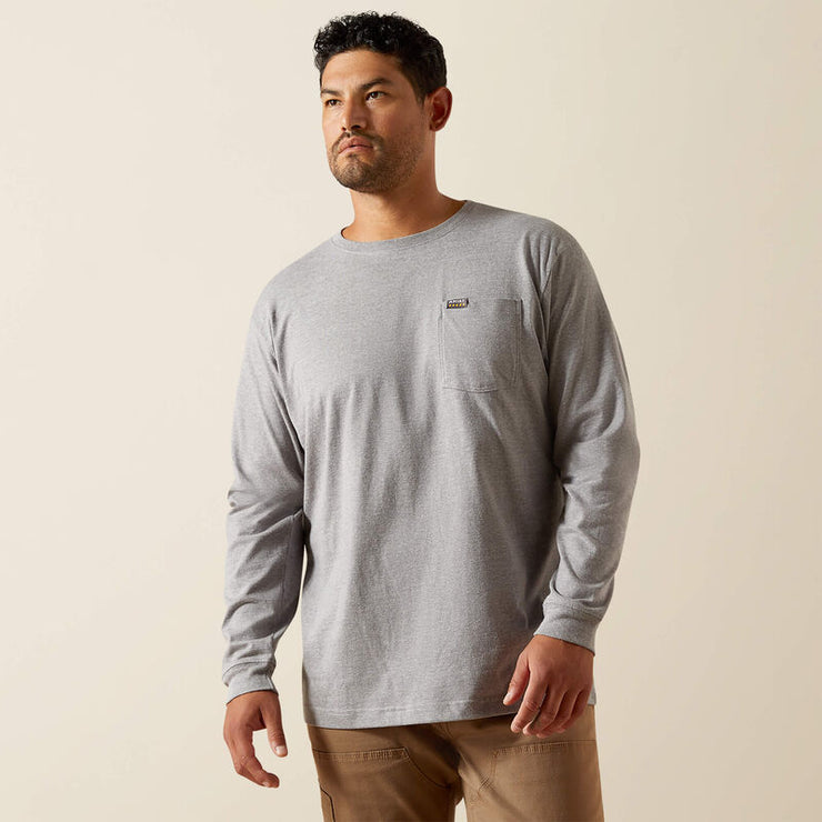 Front view of Ariat Rebar Cotton Strong Standard Pocket Men’s T-Shirt in Grey with logo above pocket
