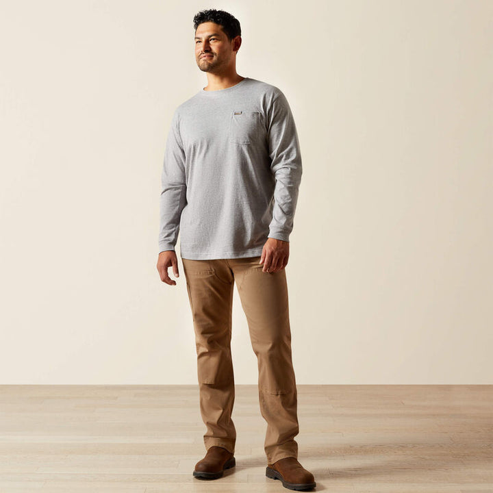 Ariat Rebar Cotton Strong Grey Pocket Men’s T-Shirt styled with jeans and boots