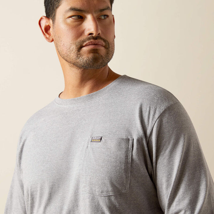 Chest pocket detail on Ariat Rebar Cotton Strong Grey Pocket Men’s T-Shirt
