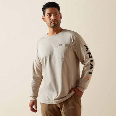 Front view of Ariat Rebar Cotton Strong Standard Pocket T-Shirt in Beige with pocket