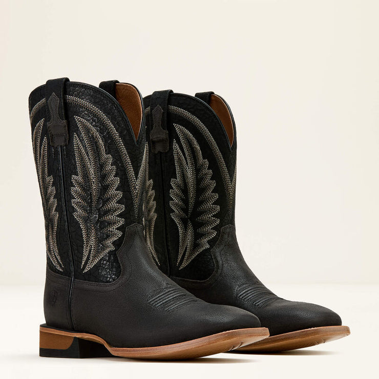 Side-by-side ARIAT Sidewinder leather cowboy work boots showing stitching and shape