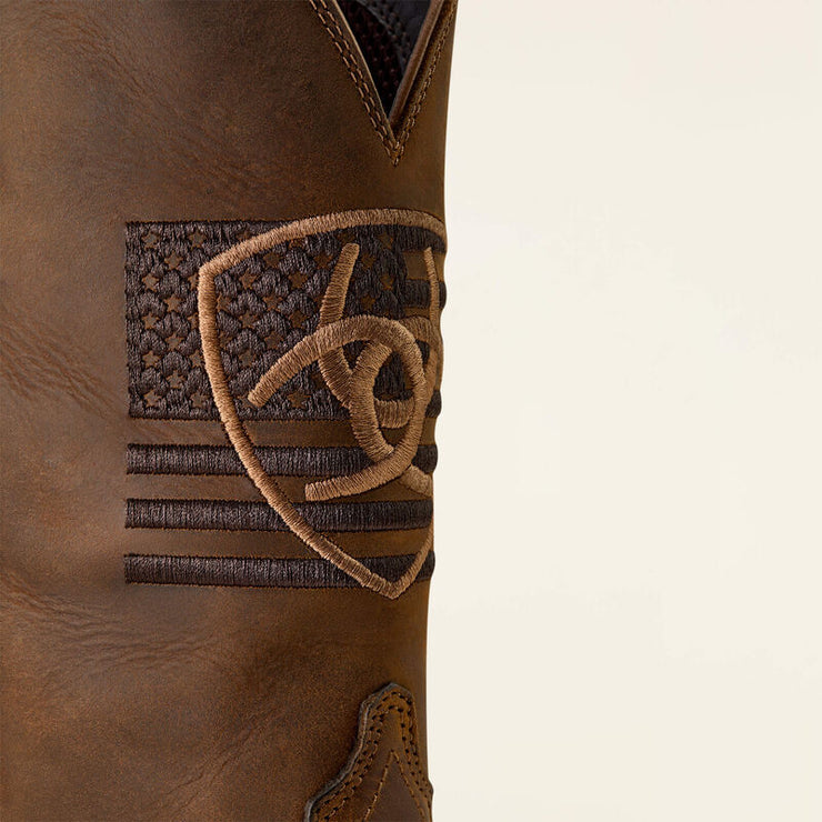 Close-up of Ariat Sport Freedom Cowboy Boot shaft with patriotic flag stitching and ATS® support.