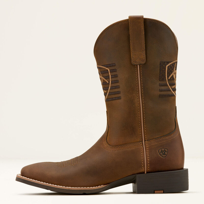 Side profile of Ariat Sport Freedom Cowboy Boot featuring American flag shaft and ATS® comfort system.