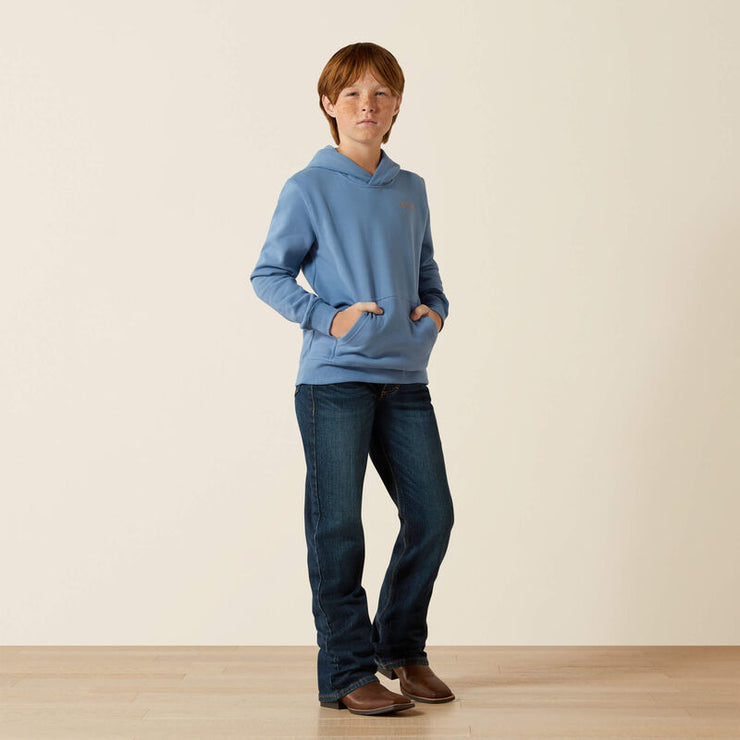 Boy wearing Ariat Sun Valley Circle Boy’s Western Hoodie with jeans