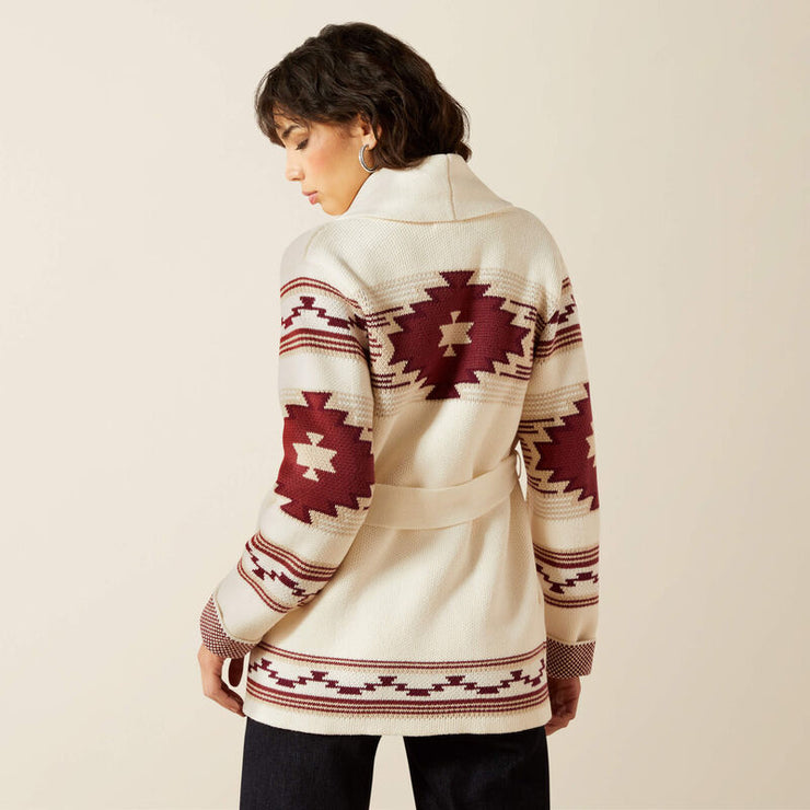Back view of Ariat Westward Wrap Women’s Sweater Cream Southwest Print