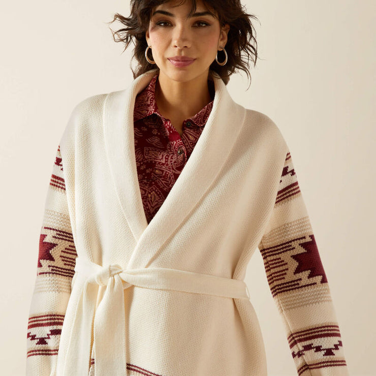 Close-up of knit and southwest print pattern on Ariat Westward Wrap Women’s Sweater