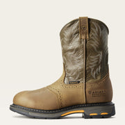 Side view of ARIAT WorkHog Waterproof Composite Toe Men’s Work Boot showing Western stitching and rugged leather build.