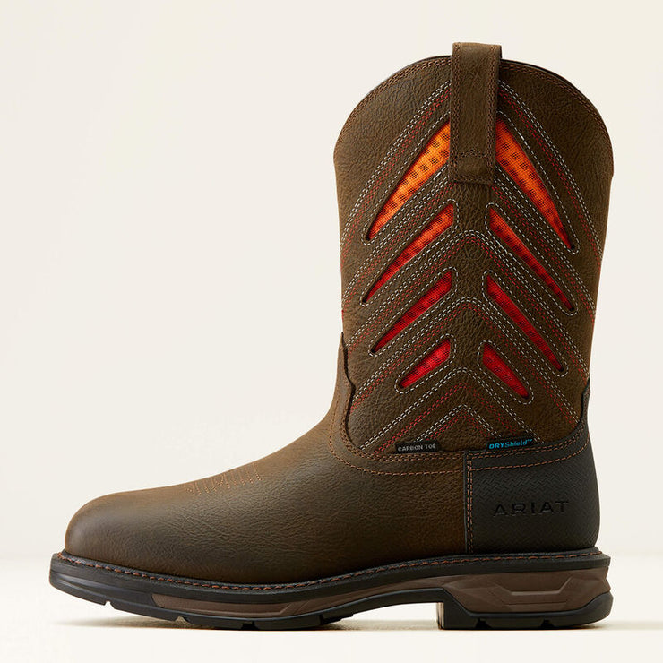 Side profile of ARIAT WorkHog XT VentTEK Men’s Waterproof Work Boot Carbon Toe showing VentTEK mesh panels and premium leather.