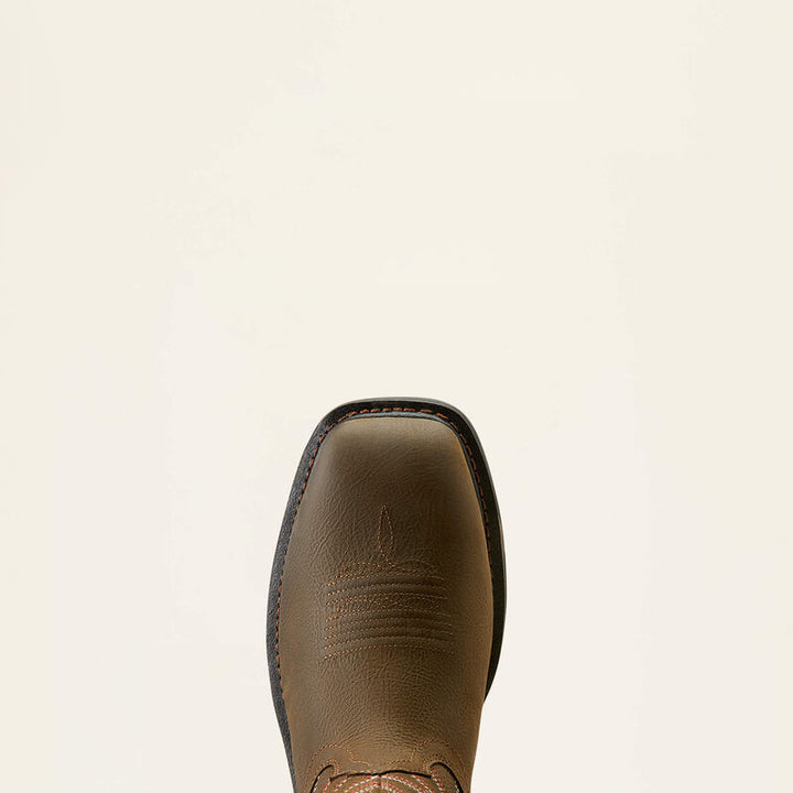 Top view of ARIAT WorkHog XT VentTEK Waterproof Carbon Toe Men’s Work Boot highlighting roomy toe box and reinforced stitching.