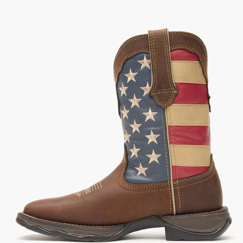 Side profile of Durango Lady Rebel Patriotic Flag Pull-On Cowgirl Boot