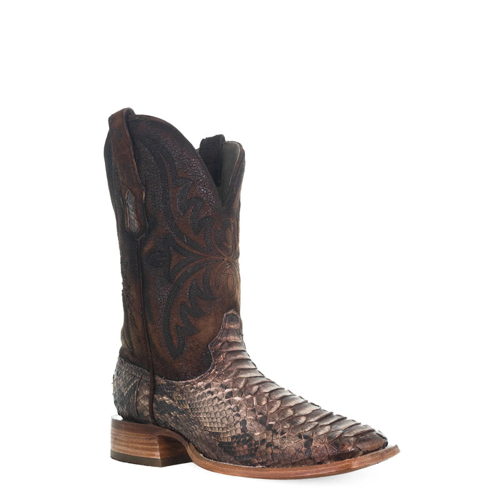 Corral  MEN'S EMBROIDERY LAMB SHAFT GENUINE BROWN PYTHON VAMP WIDE SQUARE TOE COWBOY BOOT