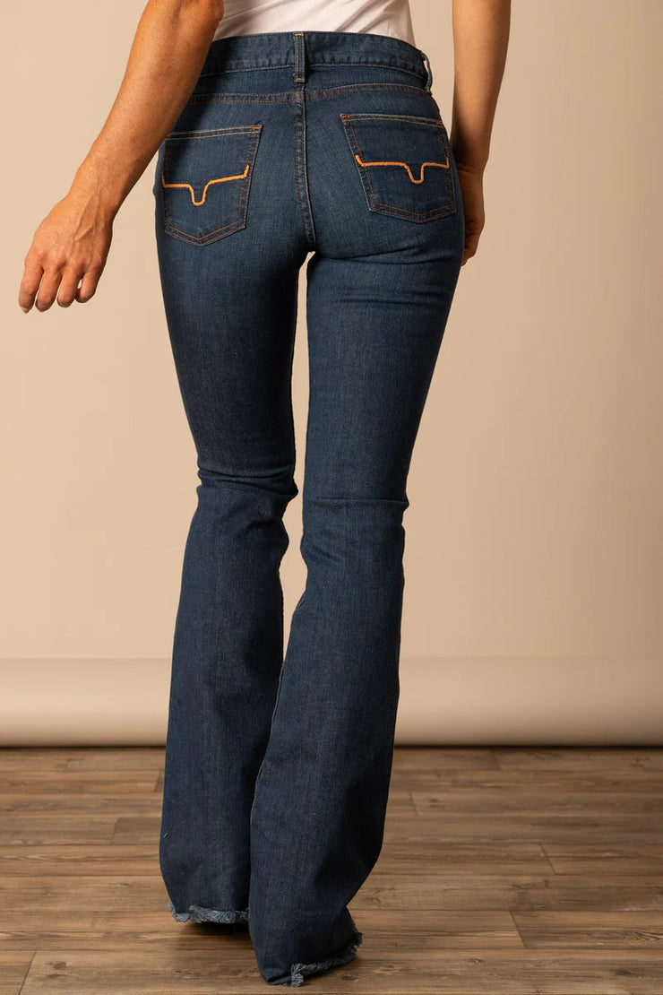 Back pocket detail of Lola Raw Hem Wide Flare Jeans