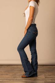 Side profile of Kimes Ranch Lola Raw Hem Women’s Wide Flare Jeans