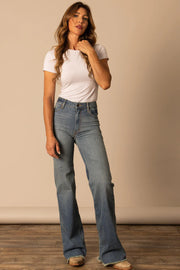 Model wearing Kimes Ranch Olivia Women’s High Rise Jeans
