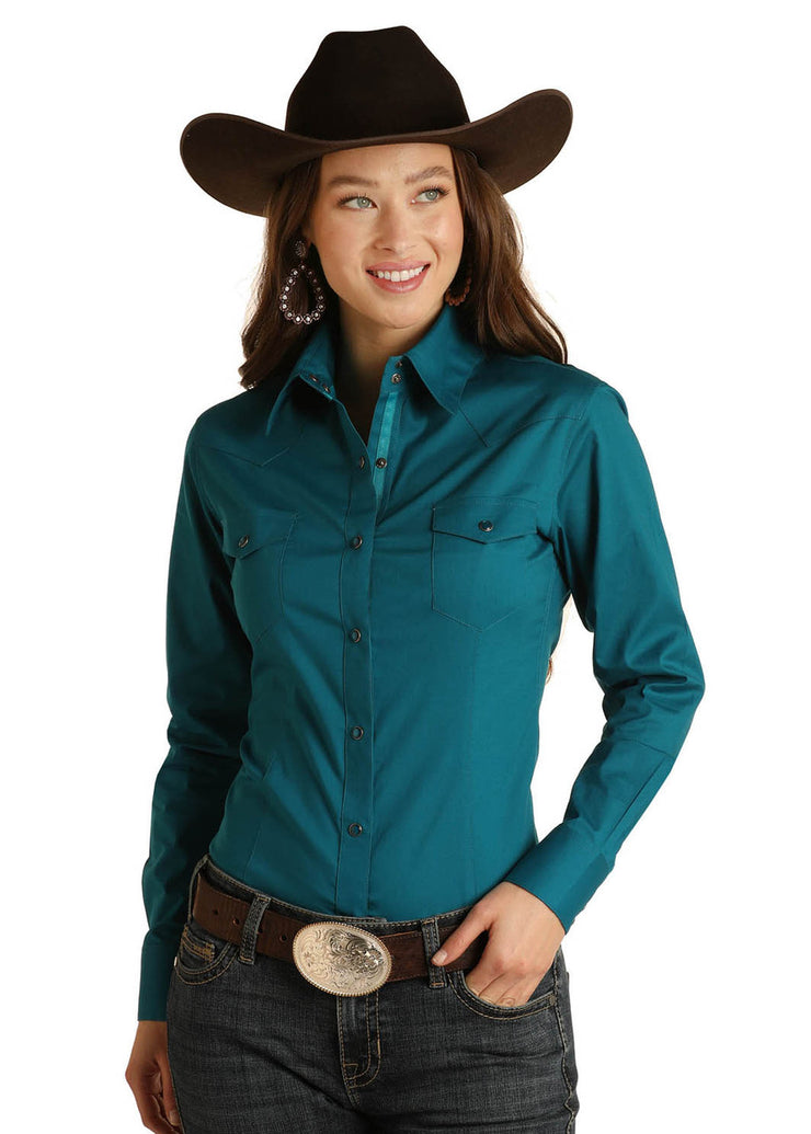 Women's Teal Long Sleeve Button Up by PANHANDLE